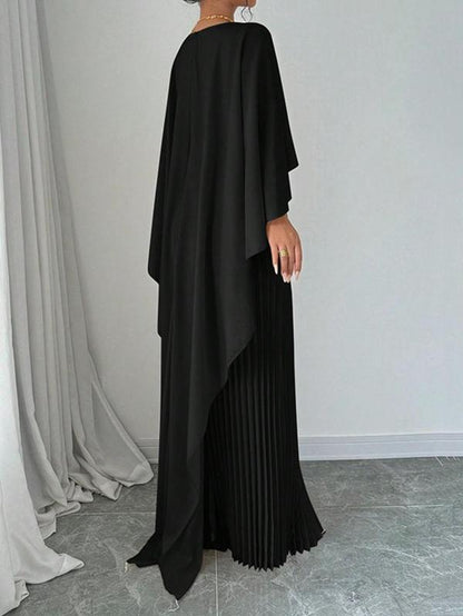 Women'S Plain Pleated Cloak Sleeve Maxi Dress, Elegant round Neck Dress for Party Holiday Wedding Guest, Ladies Spring & Fall Clothes， Valentine'S Day Gift for Girl